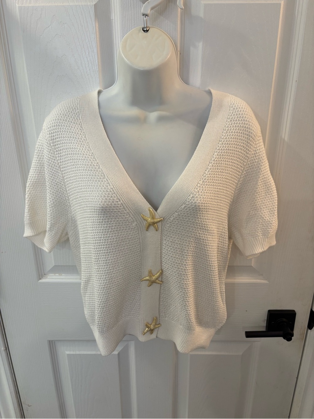 Joie Cream Short Sleeve V-Neck Knit Cardigan with Starfish Buttons